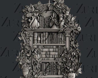 May include: A 3D-printed wall decor piece featuring a bookshelf with books, vases, and plants. The bookshelf is surrounded by vines and flowers, creating a whimsical and ornate design.