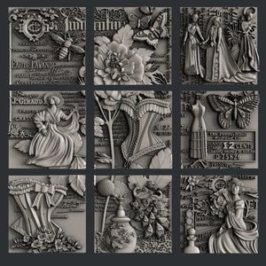 May include: A vintage-inspired collage of images featuring butterflies, flowers, and text. The images are in black and white and have a 3D embossed effect. The text includes the words "Parfumerie", "Principe des Fleurs", "Eau de Lavande", "J. Giraud", "Parfum Grass", "The Pennsylvania Railroad Co.", "Stage 12 Cents Stamp", "Principe", "Marque", "Parfumerie", "Principe des Fleurs", "Eau de Toilette", "1761", and "Fleurs et Ors".