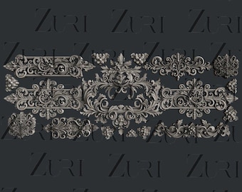 May include: A set of 12 ornate, silver-toned, decorative, 3D printed, wall-mounted, scrollwork designs. The designs feature intricate floral patterns and scrolls.