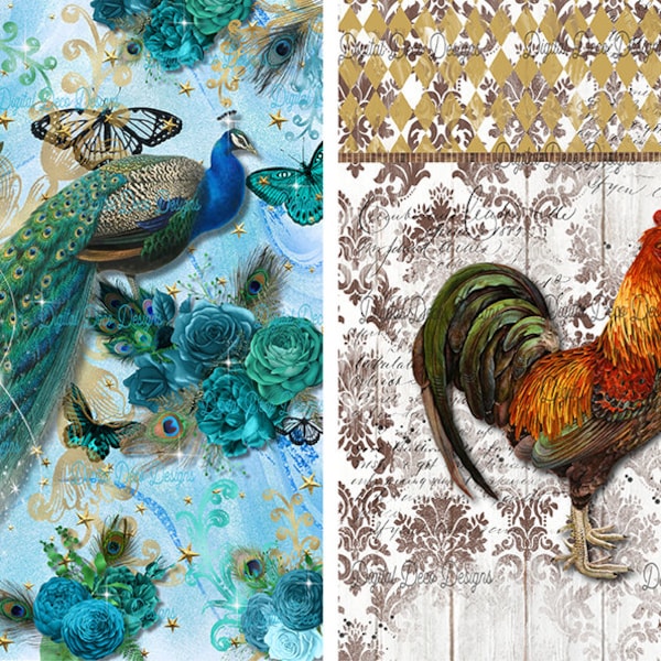 A4 Peacock Decoupage Rooster Decoupage Digital Deco Designs A4 Rice Paper for DIY crafts mixed media, junk journal, scrapbook paper crafting