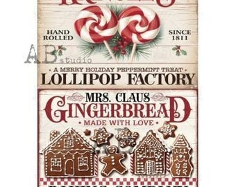 May include: A vintage sign with the text "Kringle's" and "Lollipop Factory", featuring two red and white swirl lollipops. The lower section shows "Mrs. Claus Gingerbread Baking Company" with gingerbread houses and cookies.
