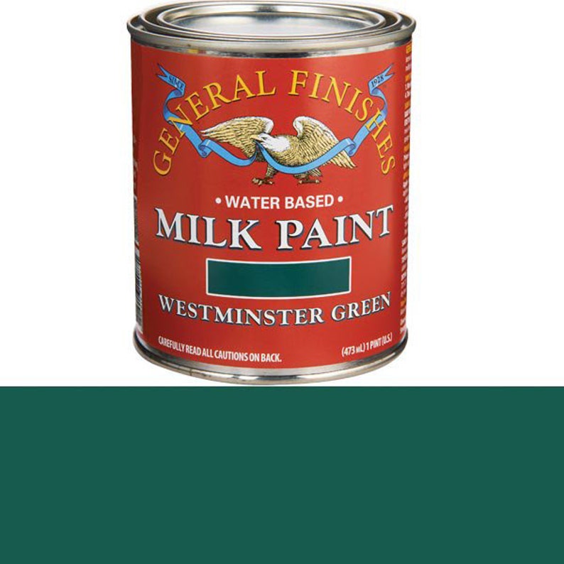 May include: A red and white can of General Finishes Milk Paint in the color Westminster Green. The can is labeled with the brand name and the color name.