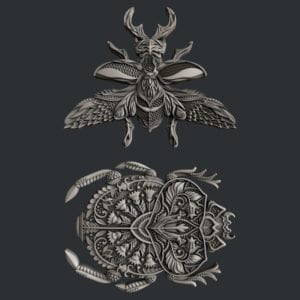 May include: Two detailed, ornate, silver-toned metal beetle sculptures. The top sculpture has wings and antlers. The bottom sculpture is a more traditional beetle design.
