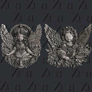 May include: Two detailed, three-dimensional sculptures of angels with wings, each with a crown and surrounded by floral designs.