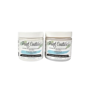 May include: Two 4-ounce jars of Paint Couture Crackle paint. The jars are labeled "Crackle Size Step 1" and "Crackle Step 2".