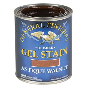 May include: A can of General Finishes Antique Walnut Gel Stain. The can is blue with gold lettering and a bald eagle logo. The stain is oil-based.