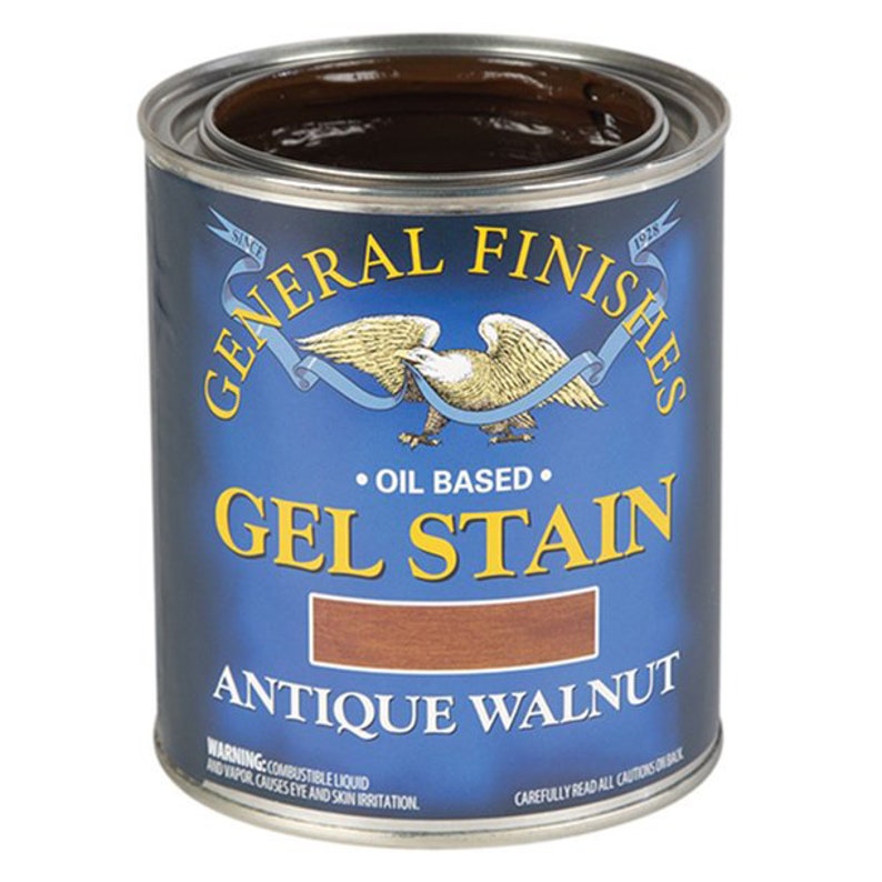 May include: A can of General Finishes Antique Walnut Gel Stain. The can is blue with gold lettering and a bald eagle logo. The stain is oil-based.