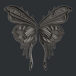 May include: A pair of intricate, black and white butterfly wings with a detailed, patterned design. The wings are symmetrical and have a delicate, almost lace-like appearance.
