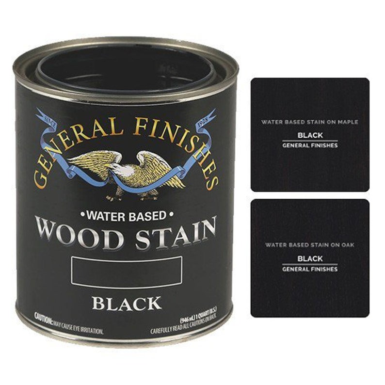 May include: A black can of General Finishes water-based wood stain. The can has a label with the company logo and the words "Water Based Wood Stain" and "Black".