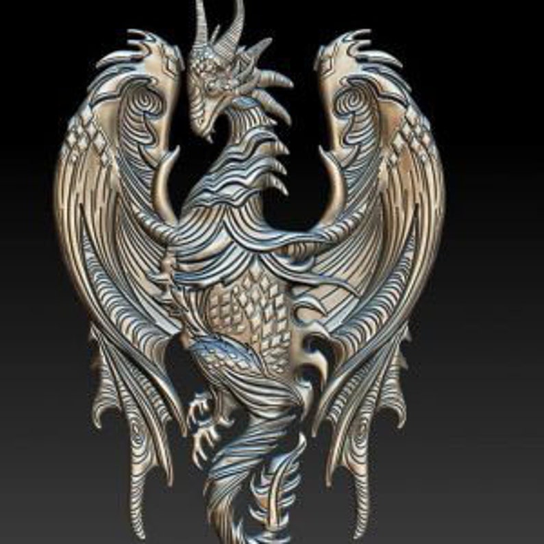 May include: A detailed, metallic dragon sculpture with outstretched wings. The dragon has intricate scales, horns, and a long tail. The wings are large and detailed, with a textured appearance. The sculpture is in a neutral color, possibly bronze or silver, against a dark background.