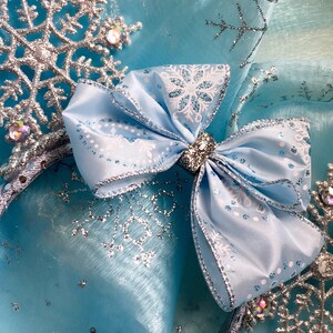 Choice of Plastic Headband or Stretch Elastic.Lowest Mouse Ears, Elsa, Headband, Hair Accessories, Snowflake Headband, Ice Blue Snowflake image 3