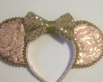 Choice of Plastic Headband or Stretch Elastic.Lowest Mouse Ears, Lowest Headband, New Pink and Gold Headband