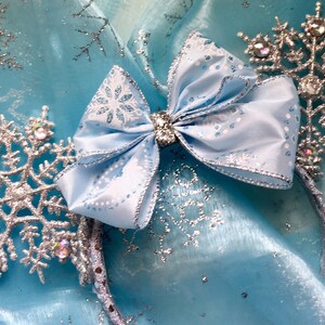 Choice of Plastic Headband or Stretch Elastic.Lowest Mouse Ears, Elsa, Headband, Hair Accessories, Snowflake Headband, Ice Blue Snowflake image 2