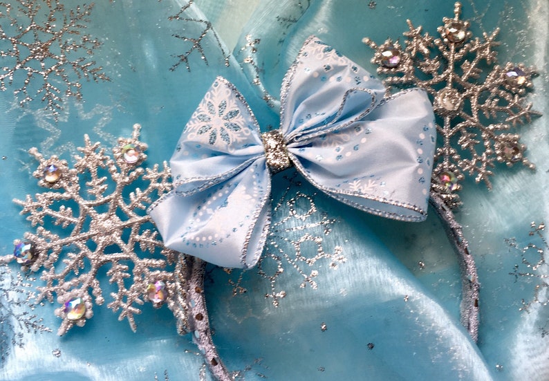 Choice of Plastic Headband or Stretch Elastic.Lowest Mouse Ears, Elsa, Headband, Hair Accessories, Snowflake Headband, Ice Blue Snowflake image 2