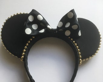 Choice of Plastic Headband or Stretch Elastic.Black Ears with Black Polka Dot Bow