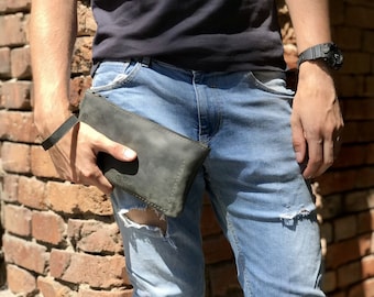 Wrist Bag, Clutch, Leather Wrist Wallet Purse, Wristlet purse, Long leather wallet, Men&#39;s Leather Clutch, Zipped leather wallet (Baltimore)