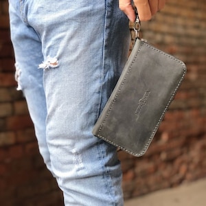Bolso clutch para hombre, monedero de muñeca de cuero, bolso de pulsera, billetera de cuero larga, embrague de cuero para hombre, billetera de cuero con cremallera (Nebraska)