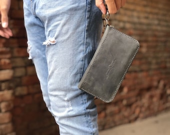 Men Clutch Bag, Leather Wrist Wallet Purse, Wristlet purse, Long leather wallet, Men&#39;s Leather Clutch, Zipped leather wallet (Nebraska)