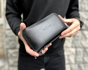 Zipped leather wallet, Men Clutch Bag, Leather Wrist Wallet Purse, Wristlet purse, Long leather wallet, Men&#39;s Leather Clutch (Nebraska lux)