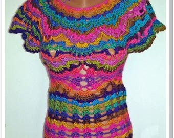 Crochet Rainbow Blouse for Women, Sleeved Top Blouse, Crochet Tunic, Handmade Rainbow Top, Handmade Crochet Blouse, Summer Top for Women