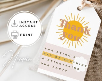 Boho Sunshine Party Party Favor Tags • Our Little Sunshine Theme Tags • Rainbow Party Goodie Bag Tags • Modern EDITABLE & INSTANT DOWNLOAD