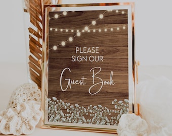 Rustic Guestbook Sign | Printable Wedding Sign | Instant Download | Wood look Guest Book Sign | Script Font | DIY Wedding | Baby Breath