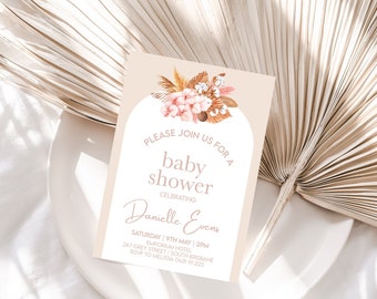 Modern Pampas Baby Shower Invitation DIY Template | Customised baby shower invitation| Corjl Digital File | Boho baby Shower Invite