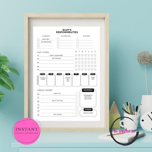 May include: A framed black and white printable chore chart titled "Riley's Responsibilities." The chart includes sections for morning, afternoon, and evening tasks, daily chores, a weekly schedule, and reminders. The words "Instant Digital Download" are in a pink circle.