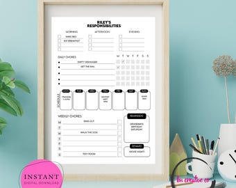 Tabla de responsabilidades para niños / Tabla de tareas para adolescentes / Tabla de recompensas editable / Tareas diarias y semanales / Planificador de horarios para niños / Buen comportamiento