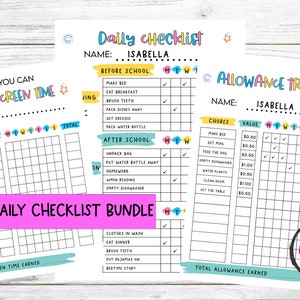 Chore Chart für Kinder Bundle | Kinder Zulagen-Tracker | Bearbeitbare tägliche Checkliste | 3 Dateien enthalten | Sofort Download