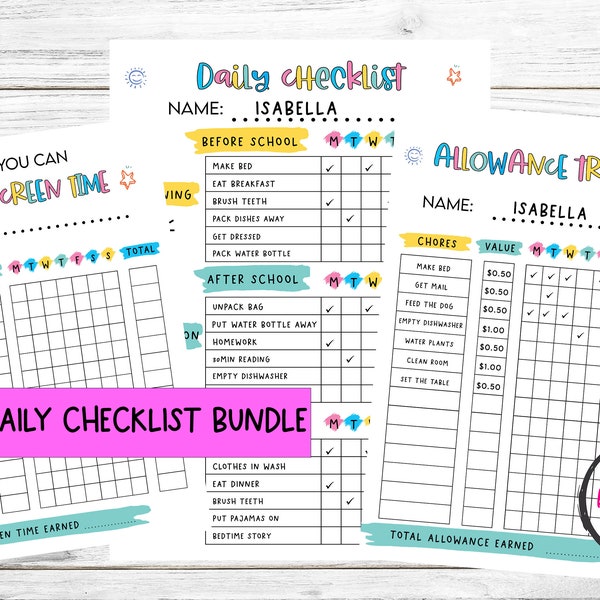 Chore Chart for Kids Bundle | Kids Allowance Tracker | Editable Daily Checklist | 3 Files Included | Instant Download