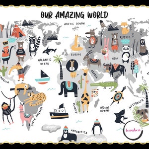 Kids Map of the World Animals Printable World Map Illustration Kids ...