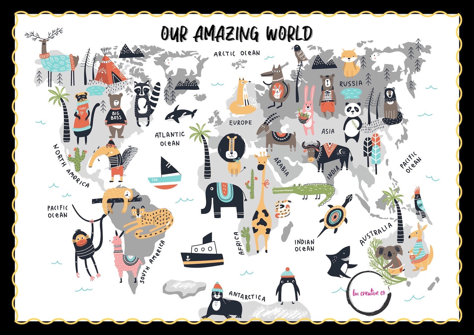 Kids Map of the World Animals Printable World Map Illustration - Etsy