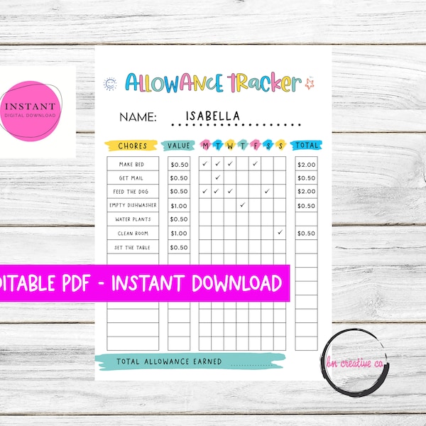 Chore Chart for Kids | Kids Allowance Tracker | Editable PDF Chore Chart | Weekly Allowance Tracker | Printable Allowance Reward System