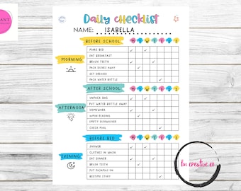 May include: A colorful printable daily checklist for kids with a checklist for morning, afternoon, and evening routines. The checklist is titled "Daily Checklist" and includes the name "Isabella".