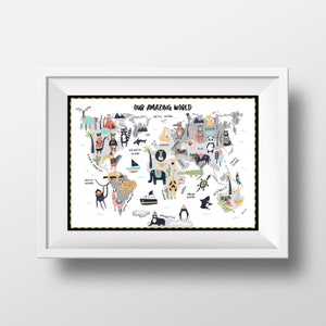 Kids Map of the World Animals Printable World Map Illustration Kids Playroom Decor Kids Animals of the World Map