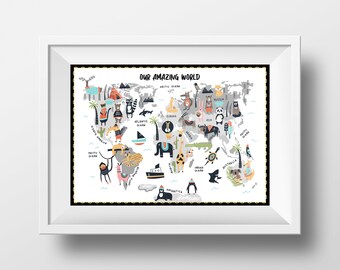 Könnte beinhalten: Eine bunte Weltkarte mit Tieren und dem Text "Our Amazing World". Die Karte ist auf weißem Hintergrund mit schwarzem Rahmen.