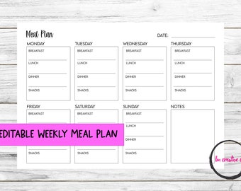Printable Weekly Meal Planner | Family Meal Prep Planner| Food Diary | Meal Tracker | Food Journal |Instant Download | Editable PDF