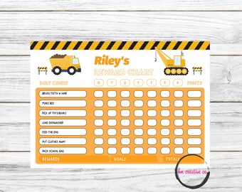May include: A construction-themed reward chart with the name "Riley's" in orange. The chart includes spaces for daily chores like brushing teeth and making the bed, with illustrations of a dump truck and a crane.