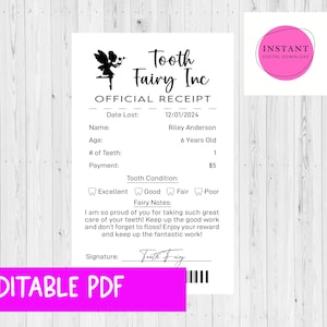Editable Tooth Fairy Receipt Printable Certificate |Kids Tooth Fairy Letter Editable PDF | First Tooth Lost | Realistic Tooth Fairy Letter