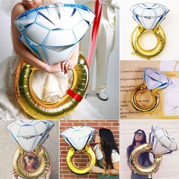 Jumbo an Medium-Size Diamond Ring Balloon for Engagement Party, bachelorette party, Bridal Shower, Stagette, or Wedding Decor , Mylar , Gold