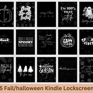 May include: Fifteen black and white digital illustrations for Kindle screensavers featuring Halloween and fall themes.  The illustrations include pumpkins, ghosts, and text such as "Spooky Season", "Hello Pumpkin", "Fall Vibes", "Autumn Season", and "Kindle Ghoul".