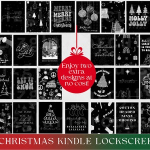 Puede incluir: Un conjunto de 25 pantallas de bloqueo de Kindle con temática navideña en blanco y negro. Los diseños presentan varias frases e ilustraciones festivas, que incluyen "Merry Merry Merry Christmas", "Let It Snow", "Winter Wonderland" y "Holly Jolly".