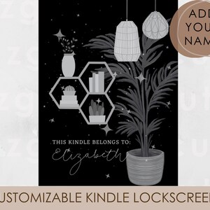 May include: Black and white illustration of a Kindle e-reader with a customizable lock screen. The lock screen features a plant, a bookshelf, and hanging lights. The text "THIS KINDLE BELONGS TO: Elizabeth" is displayed on the screen.