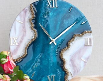 Large wall clock, Teal wall clock, Bedroom wall art over the bed, Geode resin art clock, Unique epoxy resin clock, Resin clocks for wall