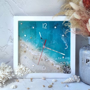 Beach Wall Clock Nautical Home Office Wall Decor Custom Resin Ocean Clock Anniversary Gifts For Parents Unique Epoxy Framed Ocean Wall Art