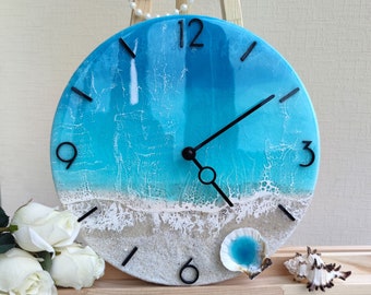 Beach wall clock, Resin clocks for wall, Beachy decor, Bathroom wall clock, Nautical wall decor, Epoxy resin ocean clock, 12 inch wall clock