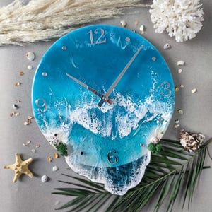 Reloj de resina con temática oceánica, arte mural costero de playa, obra de arte náutica de epoxi para la decoración del hogar y la oficina.