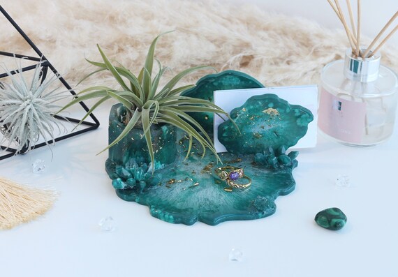 Crystal business card holder Purple air plant holder Geode planter with Cell phone stand Desk organizer for women Custom Plant stand