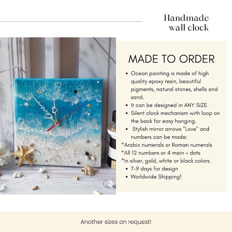 May include: Handmade wall clock with a blue ocean scene, white sand, and seashells. The clock face has silver hands and Roman numerals. The clock is made to order and can be customized with different sizes, colors, and number styles.
